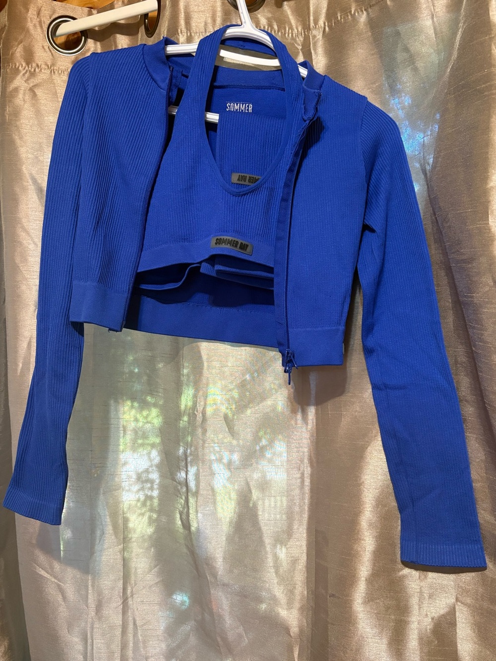 Cobalt Blue Ribbed Zip Jacket Crop Tank & Bike Shorts 3 piece Set Sommer Ray M